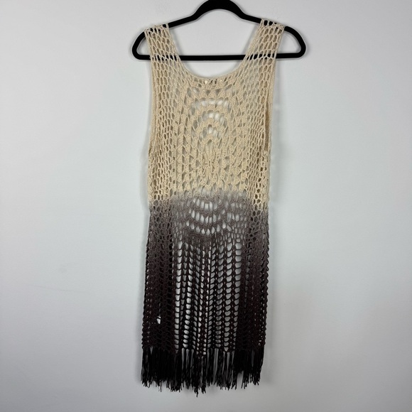 Umgee Brown Knit Crochet Fringe Kimono Cardigan Boho Bohemian Hippie Neutral - Picture 2 of 4